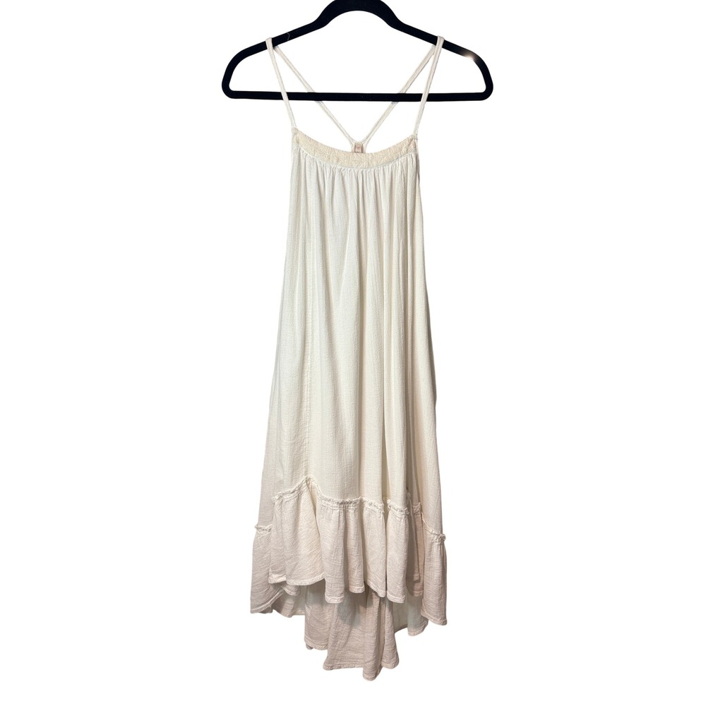 Free People White Gauze Boho Hi-Low Trapeze Dress Small Embroidered Strappy Back